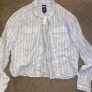 Gap linen blue white stripe crop button Oxford shirt women S Tall NWT